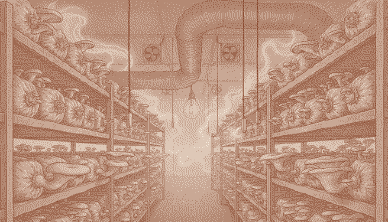 Duotone dithered illustration of a mushroom cultivation room with shelves of fruiting oyster mushrooms