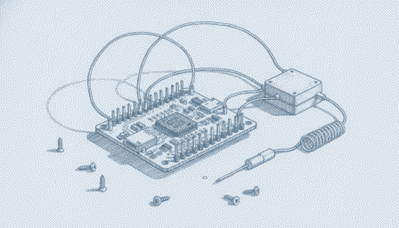 Duotone dithered technical illustration of an ESP32 development board wired to a sensor