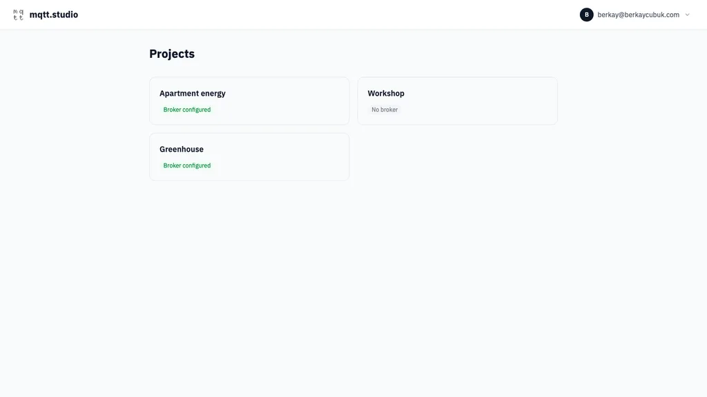 The projects list page in mqtt.studio showing three projects