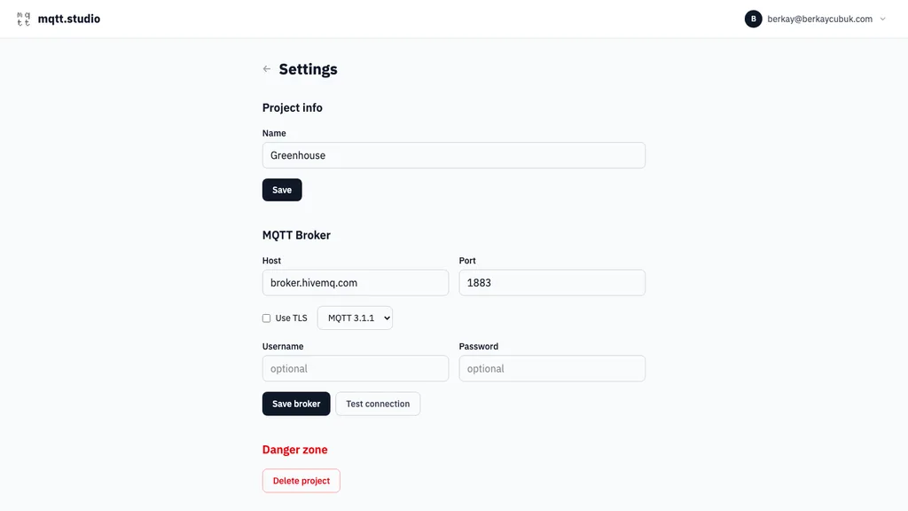 The project settings page with MQTT broker host, port and credentials