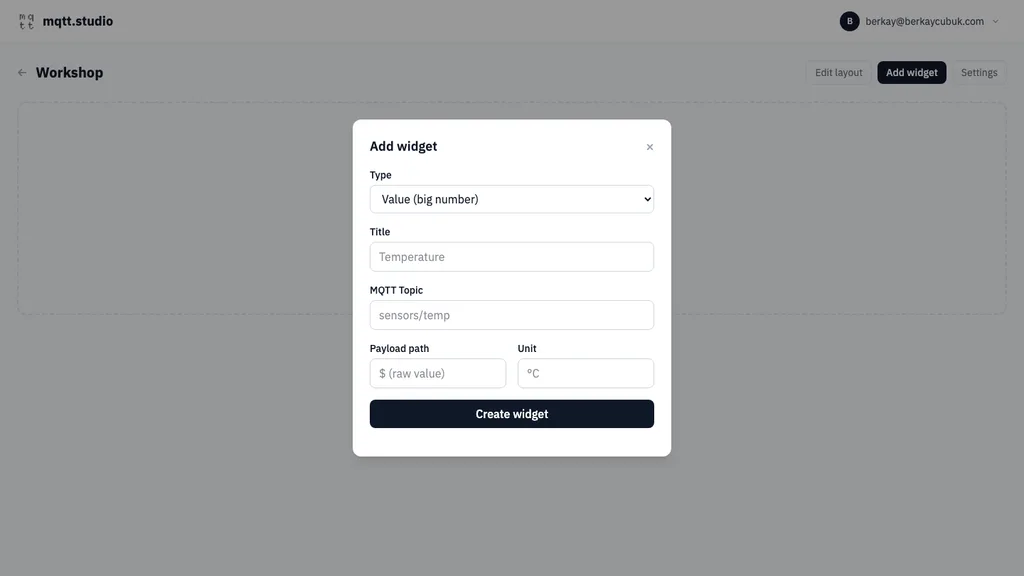 The Add widget modal showing widget type, title, MQTT topic and unit fields